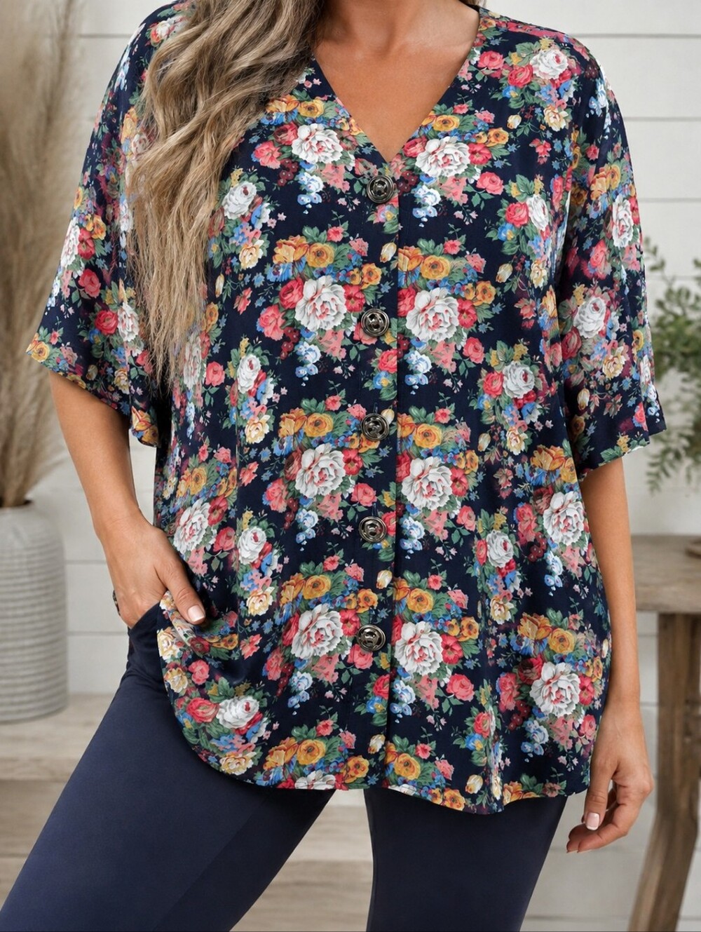 IMAGE Vintage 90s Floral Rose Blouse Oversized Cottagecore Statement Buttons XL